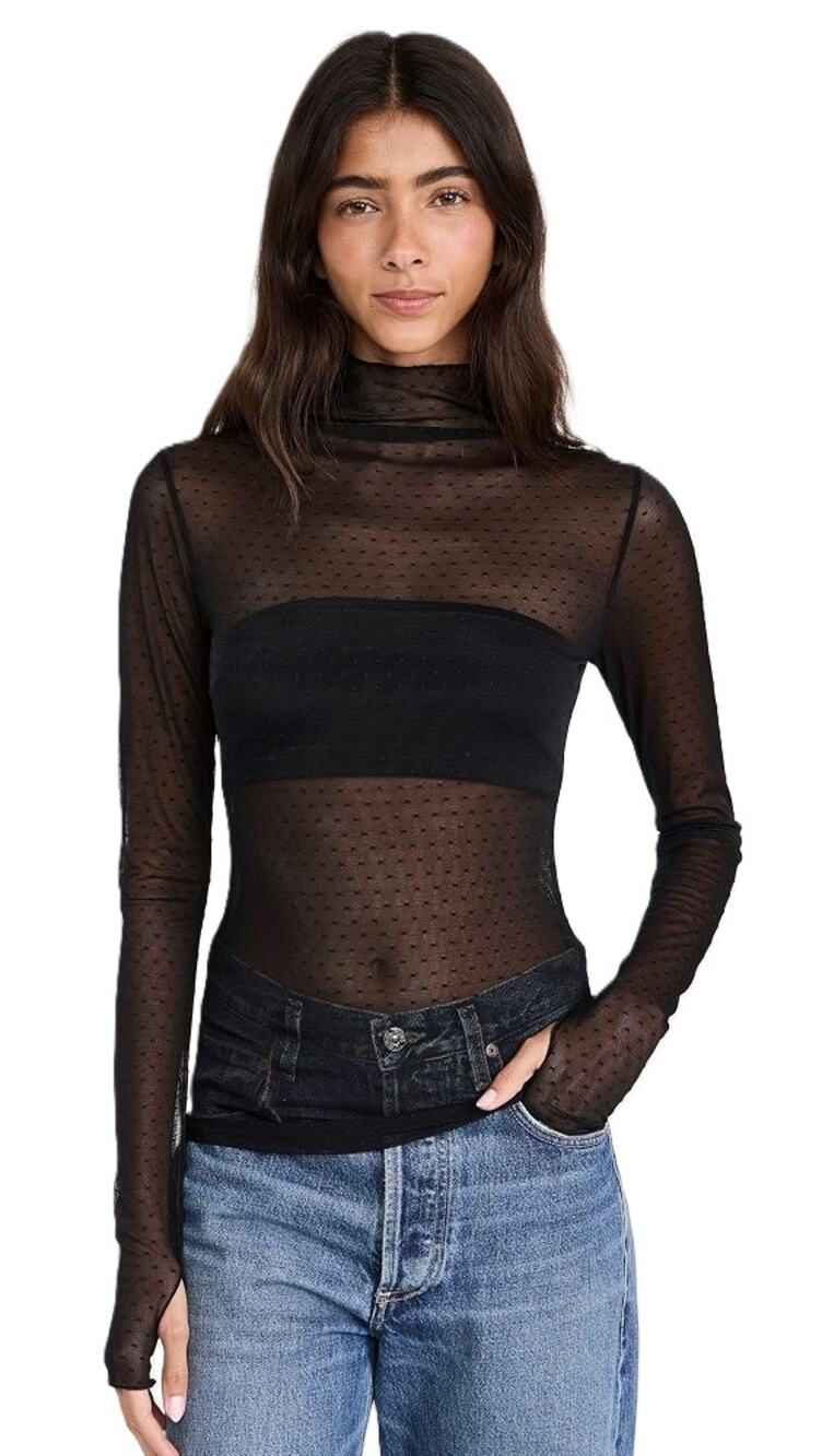 Free People Women Black Mesh On The Dot Layering Long Sleeve Top Size XS